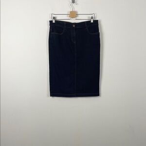 Eileen Fisher Classic Blue Denim Pencil Midi Cotton Blend Slit Back Skirt SZ 8.